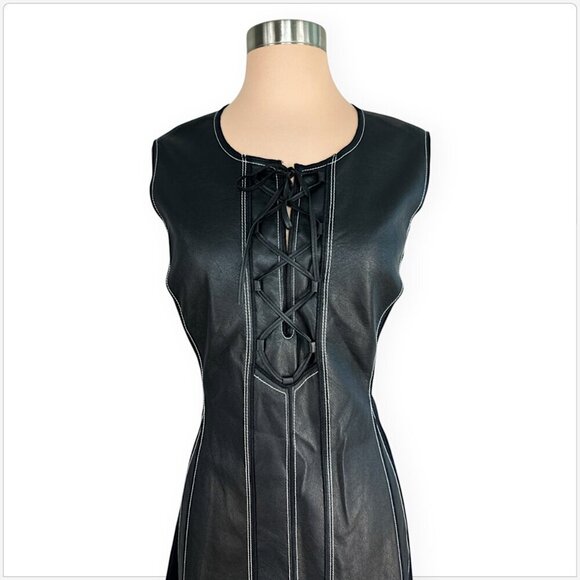 BCBGMaxAzria BCBG Jolee Lace-Up Faux Leather Ponte Knit Flared Dress New NWT L - Picture 4 of 7